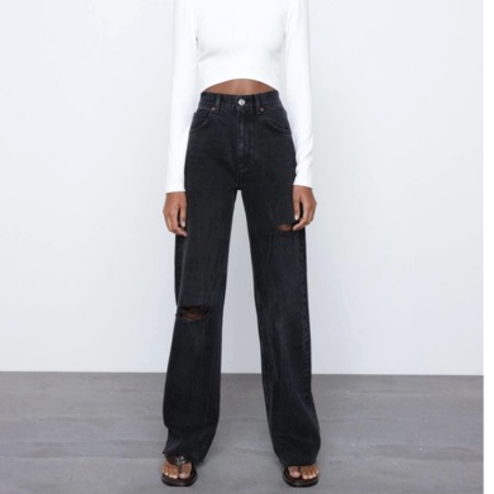 ZARA High Rise Full Length Distressed Jeans